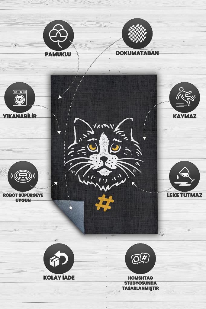 Kolye Hashtag Siyah Gri Salon Halısı Etnik Desenli Halı Kedi Figürlü Oturma Odası Halısı