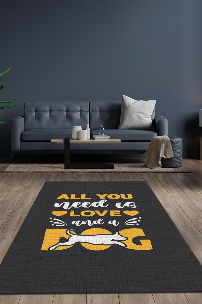 Köpek ve Aşk Siyah Sarı Renkli Halı Düz Renkli Hayvan Sever Halısı Köpek Figürlü Halı
