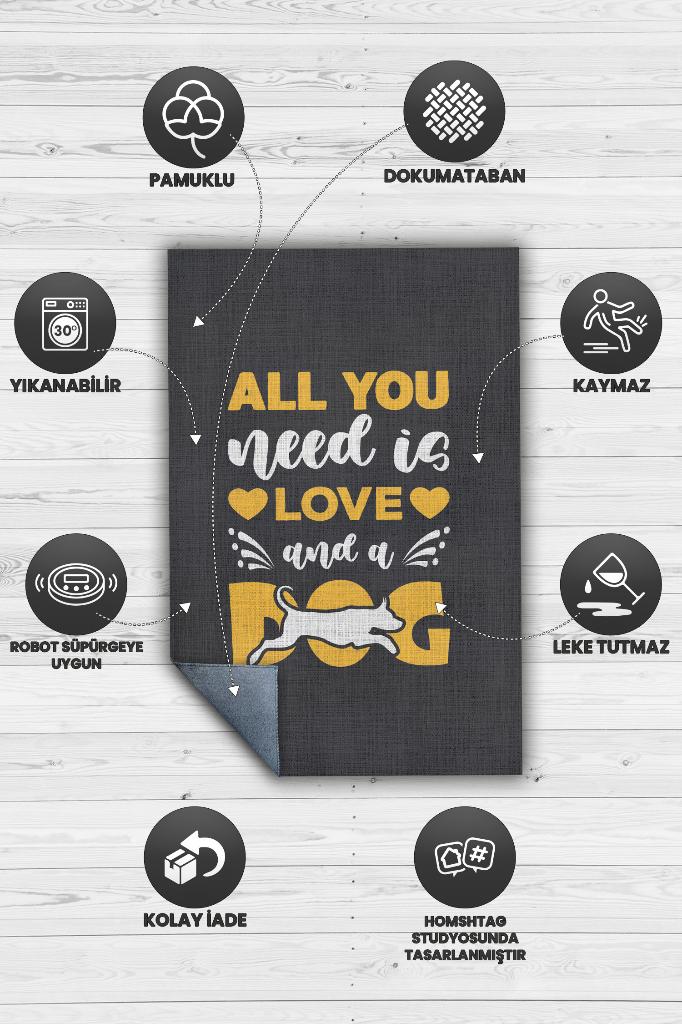 Köpek ve Aşk Siyah Sarı Renkli Halı Düz Renkli Hayvan Sever Halısı Köpek Figürlü Halı