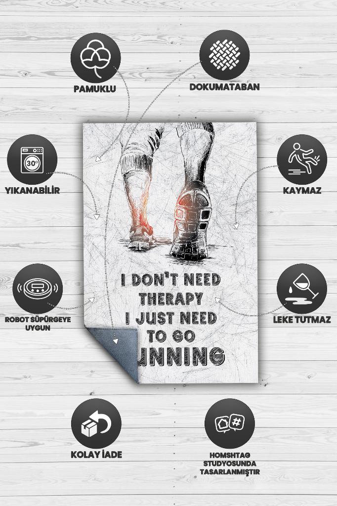 Koşmak Benim Terapim Pamuklu Dokuma Tabanlı Yıkanabilir Kaymaz Dekoratif Spor Sever Halısı