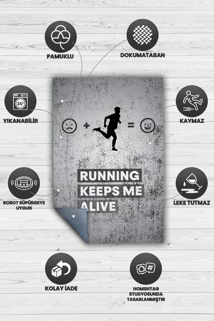 Koşmak Mutlu Eder Gri Renkli Halı Spor Sever Halısı Spor Severler Tasarım Hediyelik Halı