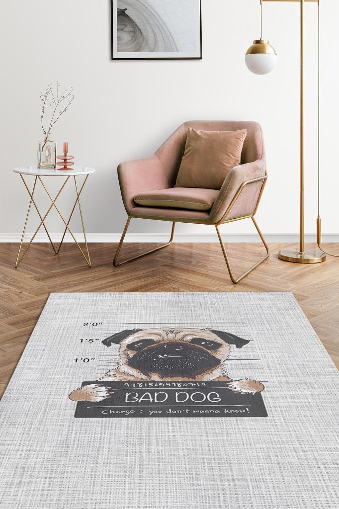 Kötü Köpek Gri Renkli Halı Sade Halı Esprili Genç Odası Halısı Köpek Sever Halısı