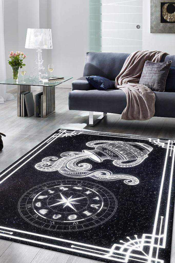 Kova Burcu Astroloji Temalı Halı Burç Halısı Kova Burcuna Hediyelik Halı Siyah Renk Halı