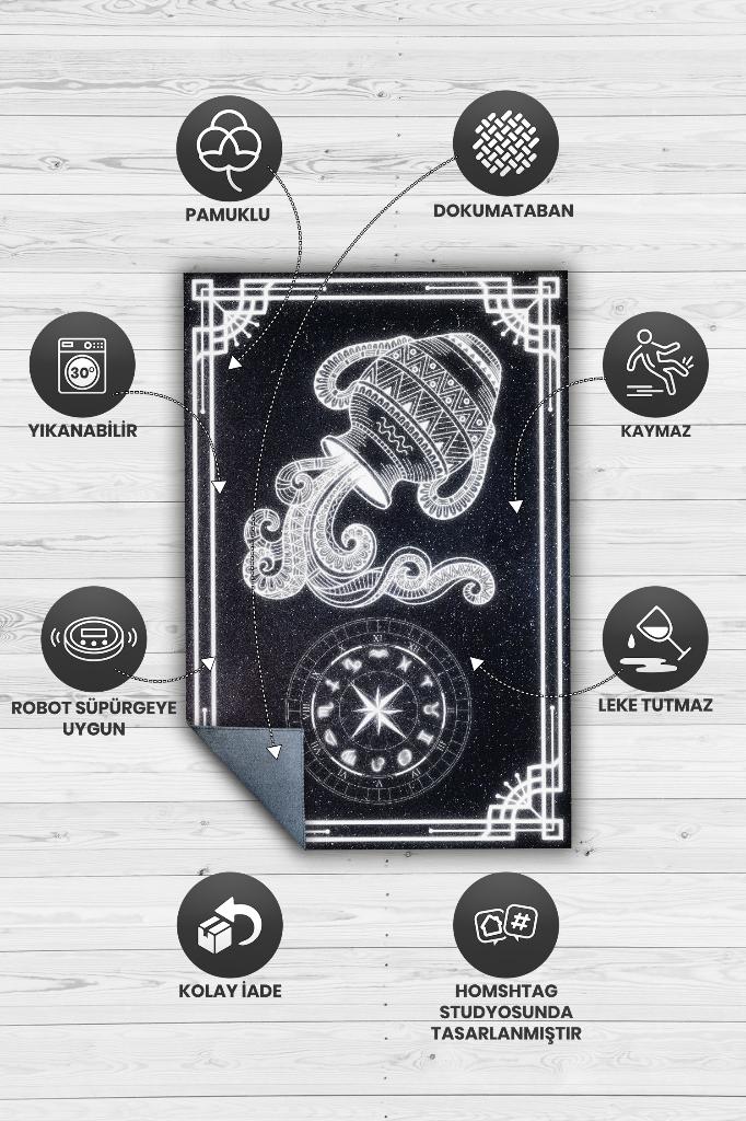 Kova Burcu Astroloji Temalı Halı Burç Halısı Kova Burcuna Hediyelik Halı Siyah Renk Halı