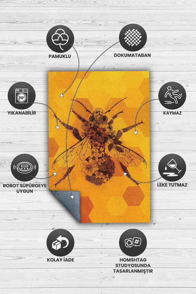 Homshtag Kraliçe Arı Dokuma Tabanlı Sarı Renkli Halı Geometrik Hayvan Baskılı Renkli Mutfak Halısı