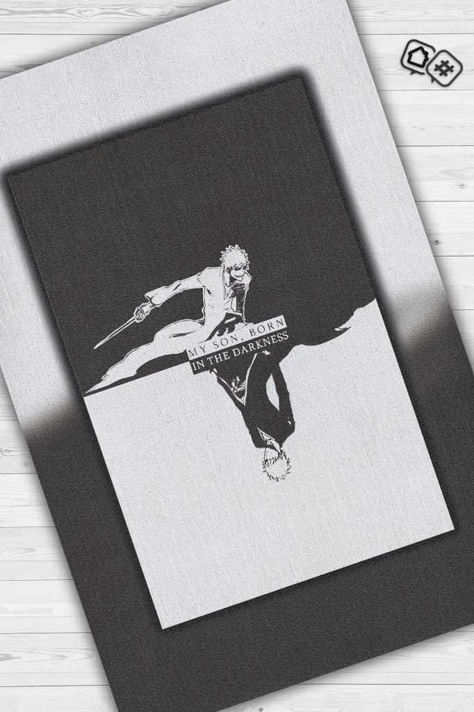 Karanlığa Doğdu Siyah Beyaz Halı Modern Anime Halısı Dekoratif Anime Fiğürlü Hediyelik Halı