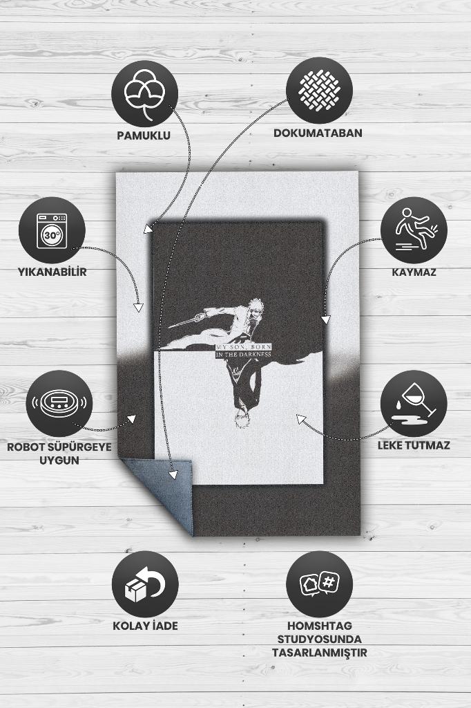 Karanlığa Doğdu Siyah Beyaz Halı Modern Anime Halısı Dekoratif Anime Fiğürlü Hediyelik Halı