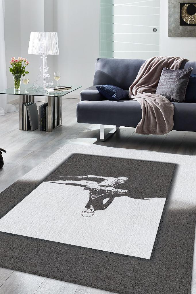 Karanlığa Doğdu Siyah Beyaz Halı Modern Anime Halısı Dekoratif Anime Fiğürlü Hediyelik Halı