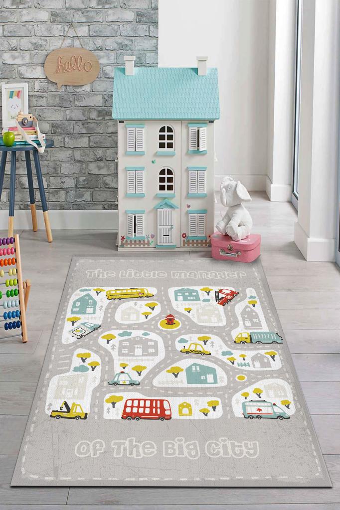 Küçük Müdür Yol Temalı Gri Renkli Halı Yumuşak Dokulu Çocuk Odası Halısı Rustik Çocuk Halısı