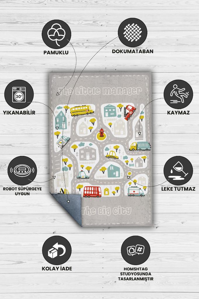 Küçük Müdür Yol Temalı Gri Renkli Halı Yumuşak Dokulu Çocuk Odası Halısı Rustik Çocuk Halısı