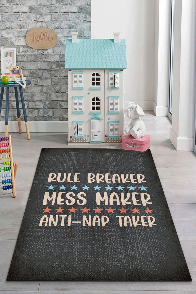 Kuralsız ve Uykusuz Siyah Renkli Çocuk Odası Halısı Minimal Çocuk Halısı Bebek Temalı Halı