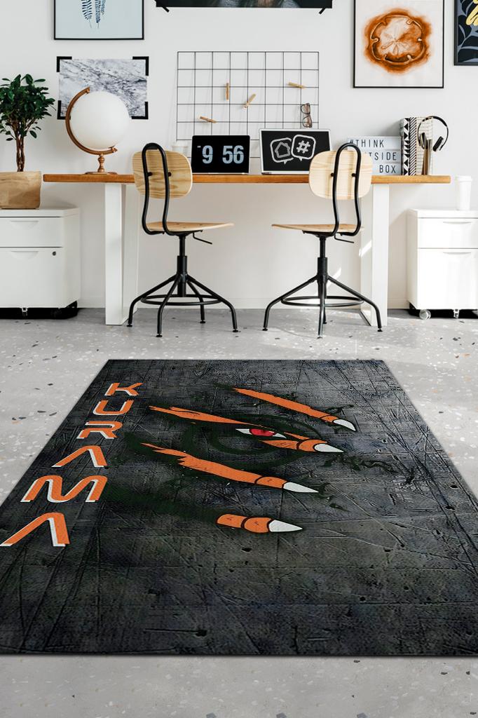 Kurama Siyah Turuncu Renkli Halı Modern Halı Desenli Anime Sever Halı Hediyelik Halı