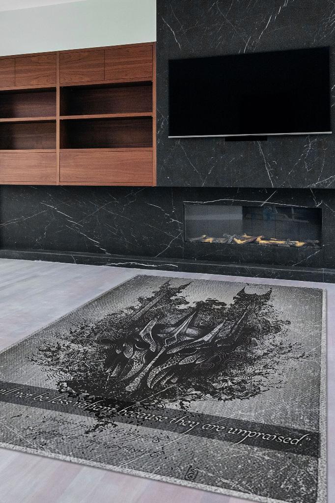 Kutsal Tohumlar Film Desenli Siyah Gri Renkli Yüzüklerin Efendisi Halısı Film Temalı Halı