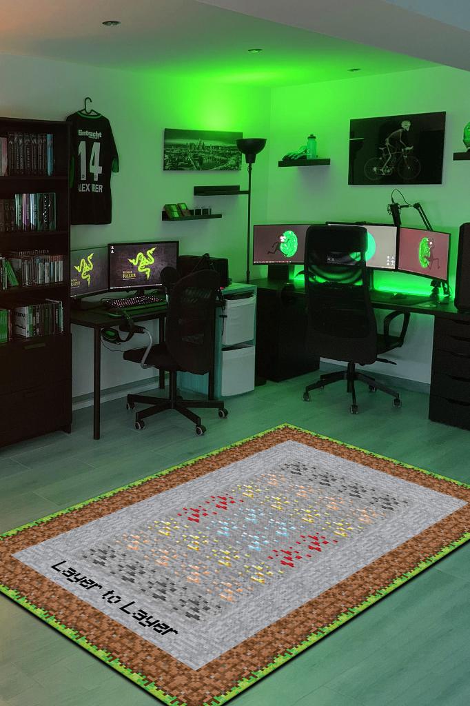 Layers Çok Renkli Oyuncu Halısı Gri Renk Gamer Temalı Halı Minecraft Sever Hediyelik Halı