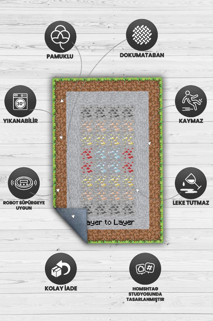 Layers Çok Renkli Oyuncu Halısı Gri Renk Gamer Temalı Halı Minecraft Sever Hediyelik Halı