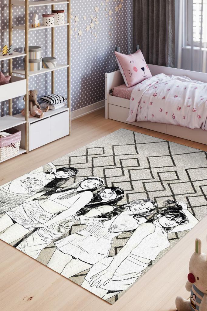 Le Sserafim Açık Renkli Halı Müzik Sever Halısı Kpop Figürlü Genç Odası Halısı Özel Halı