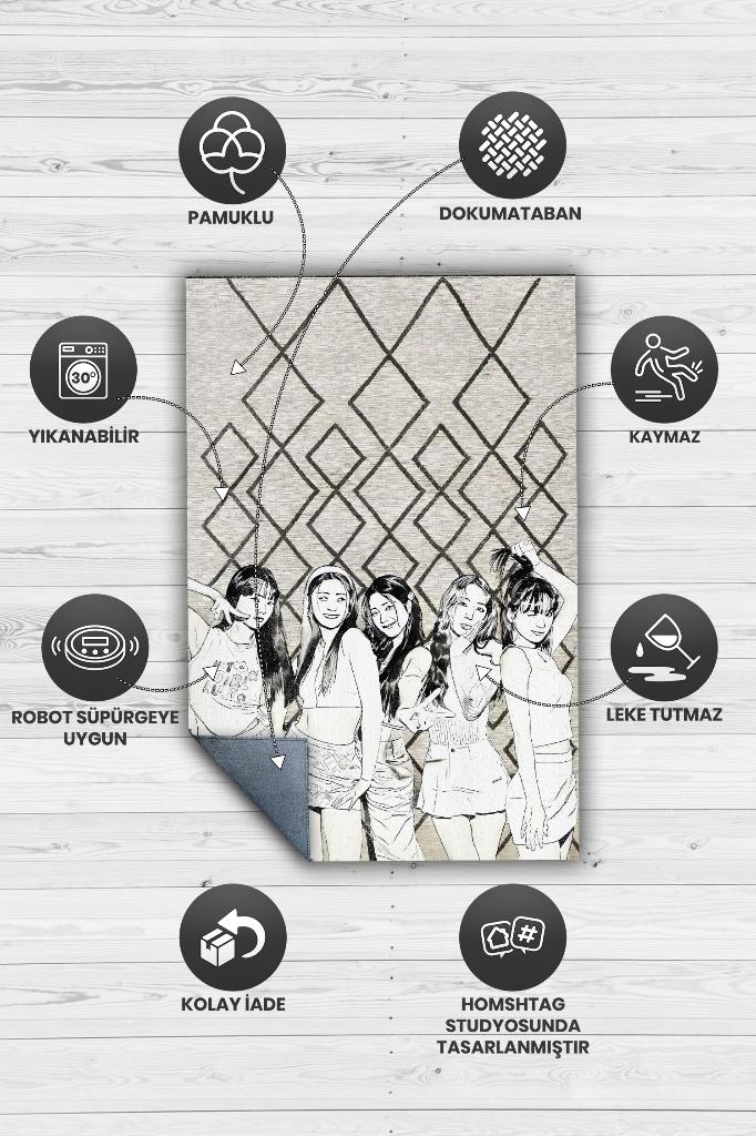 Le Sserafim Açık Renkli Halı Müzik Sever Halısı Kpop Figürlü Genç Odası Halısı Özel Halı