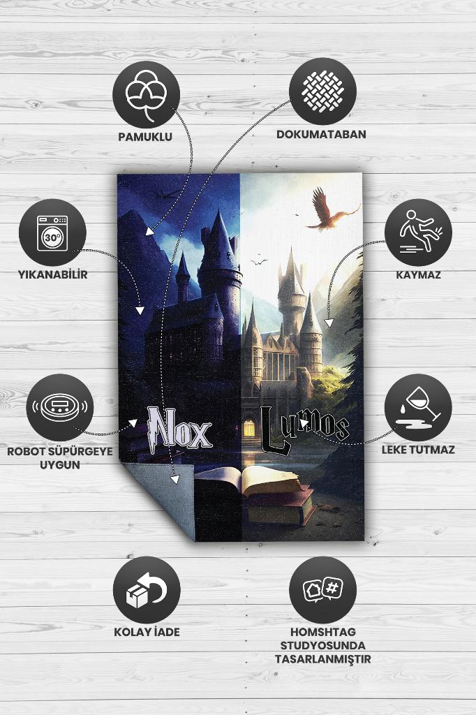 Lumos Nox Art Deco Harry Potter Desenli Halı Yıkanabilir Genç Odası Halısı Çok Renkli Halı