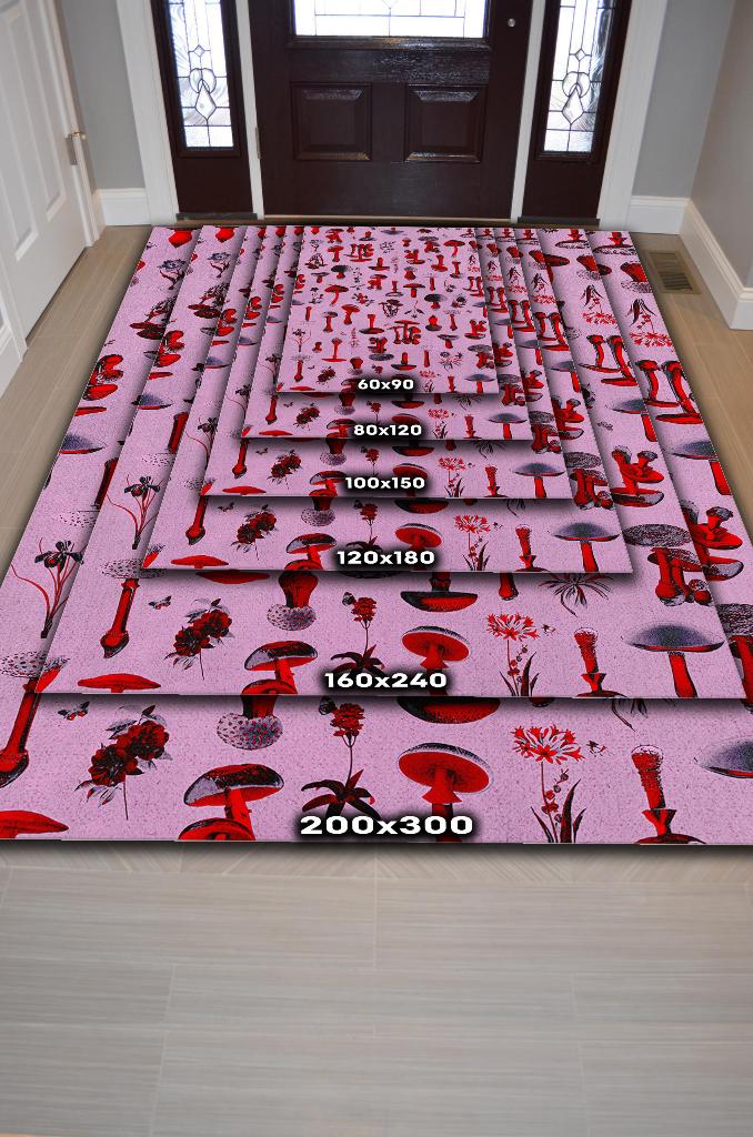 Homshtag Mantar Dünyası Çok Renkli Mantarlı Mutfak Halısı Pembe Mantar Baskılı Özel Tasarım Halı