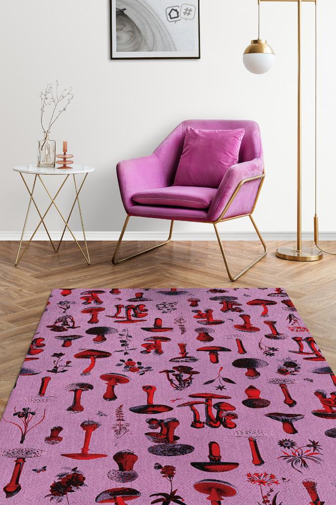 Homshtag Mantar Dünyası Çok Renkli Mantarlı Mutfak Halısı Pembe Mantar Baskılı Özel Tasarım Halı