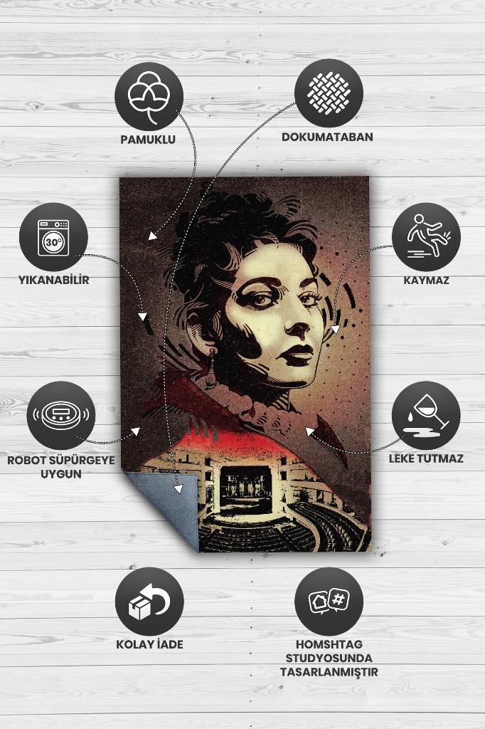 Maria Callas Renkli Müzisyen Halı Müzsik Severe Hediyelik Halı Geometrik Figürlü Halı