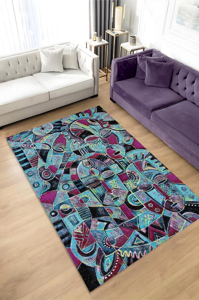 Maskeli Kabile Geometrik Salon Halısı Etnik Desenli Halı Yeşil Renkli Oturma Odası Halısı