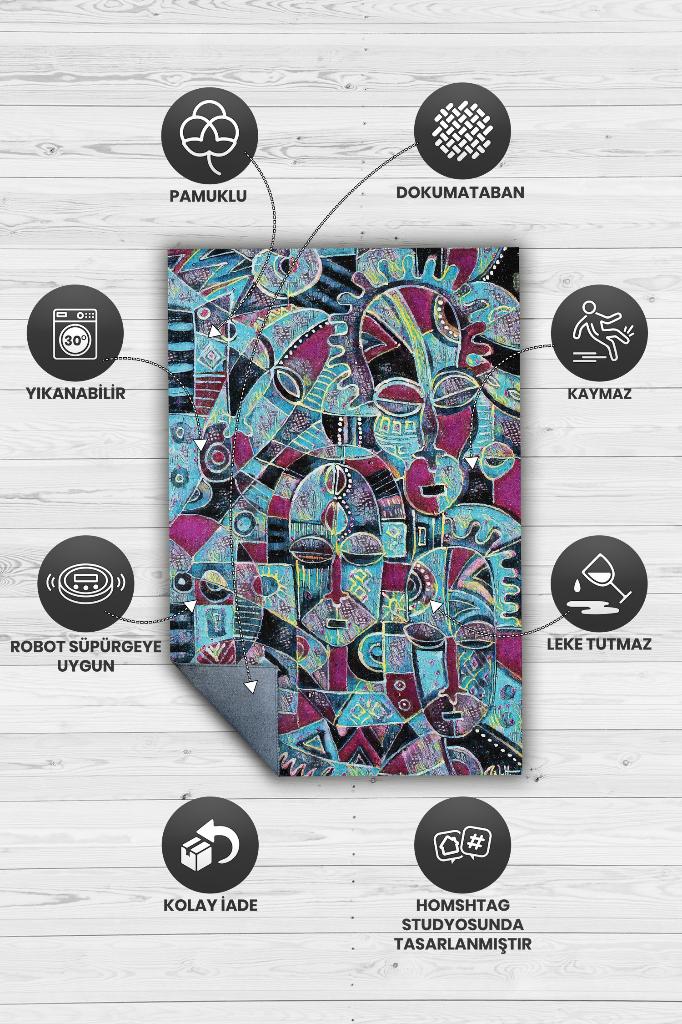 Maskeli Kabile Geometrik Salon Halısı Etnik Desenli Halı Yeşil Renkli Oturma Odası Halısı