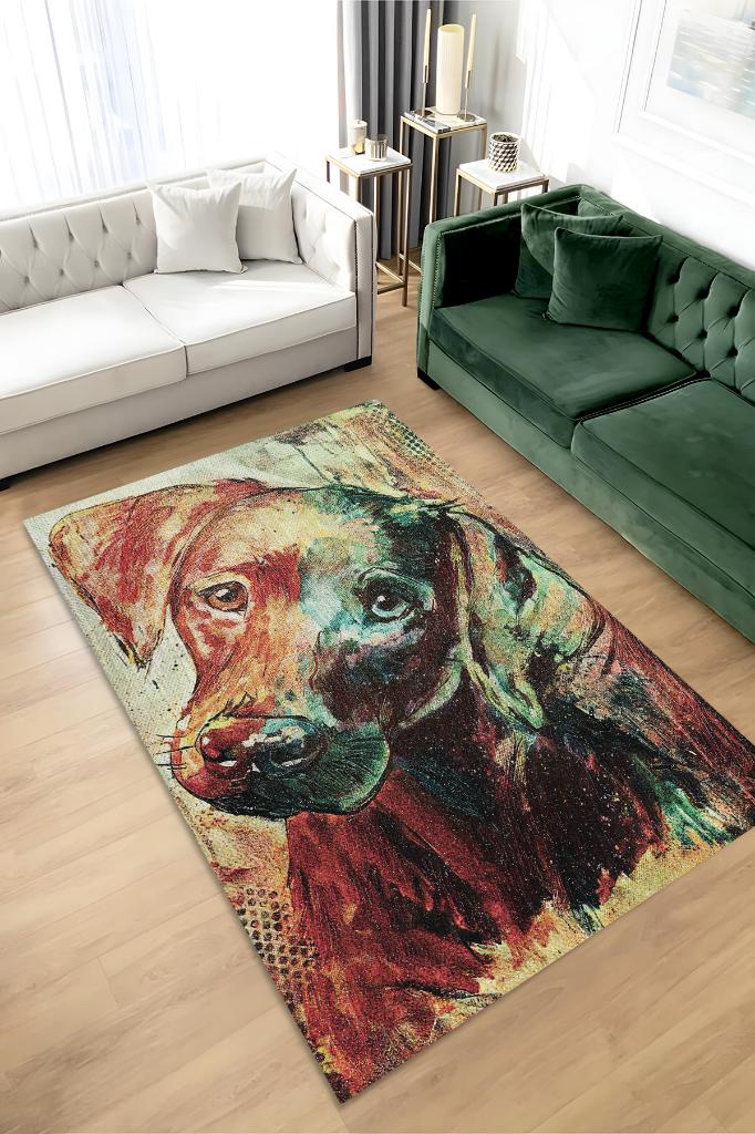 Masum Bakış Çok Renkli Halı Hayvan Figürlü Köpek Sever Halısı Yıkanabilir Halı Dokulu Halı