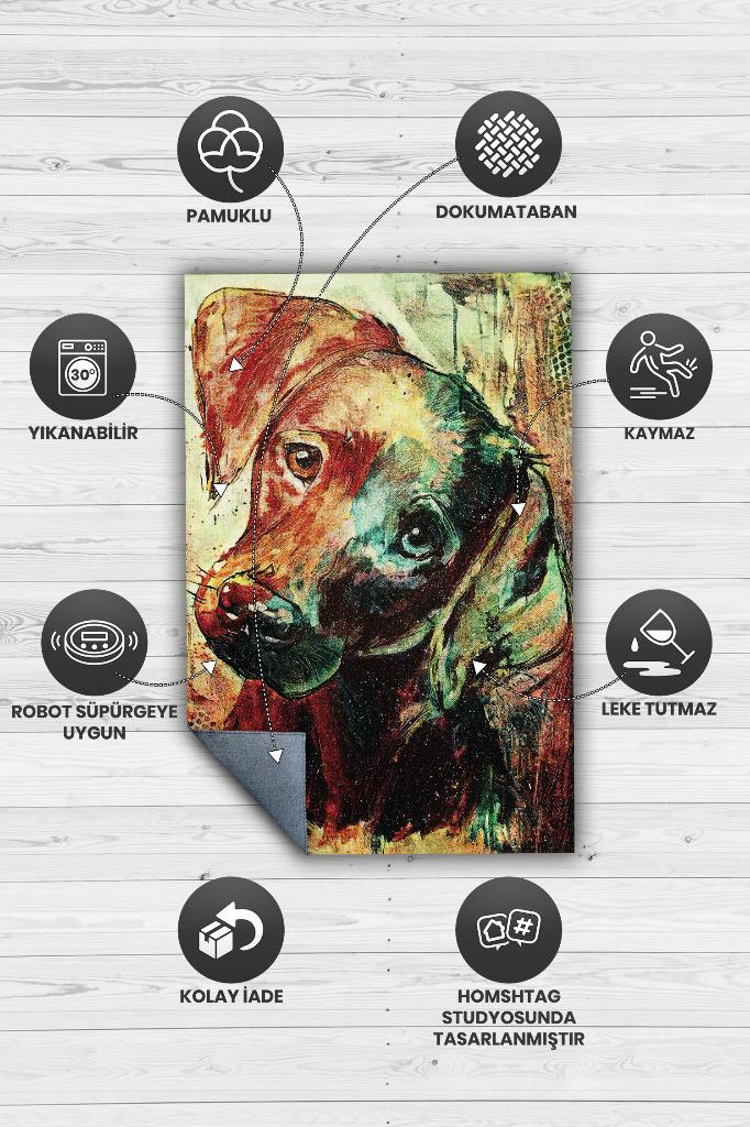 Masum Bakış Çok Renkli Halı Hayvan Figürlü Köpek Sever Halısı Yıkanabilir Halı Dokulu Halı