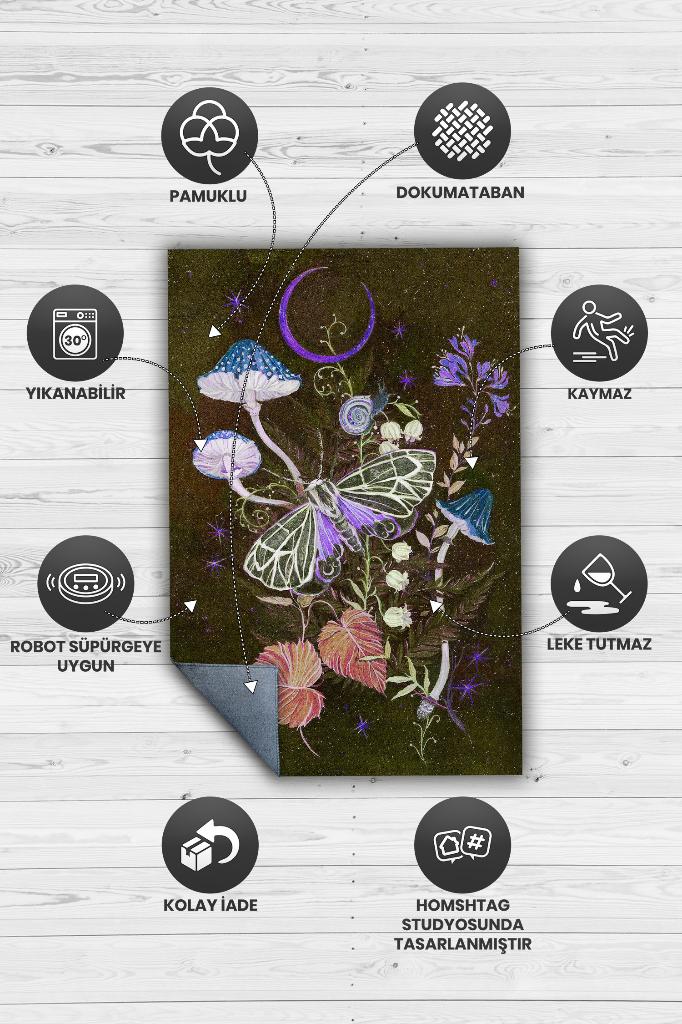 Mikro Orman Koyu Renkli Mantarlı Mutfak Halısı Siyah Mantar Baskılı Özel Tasarım Halı