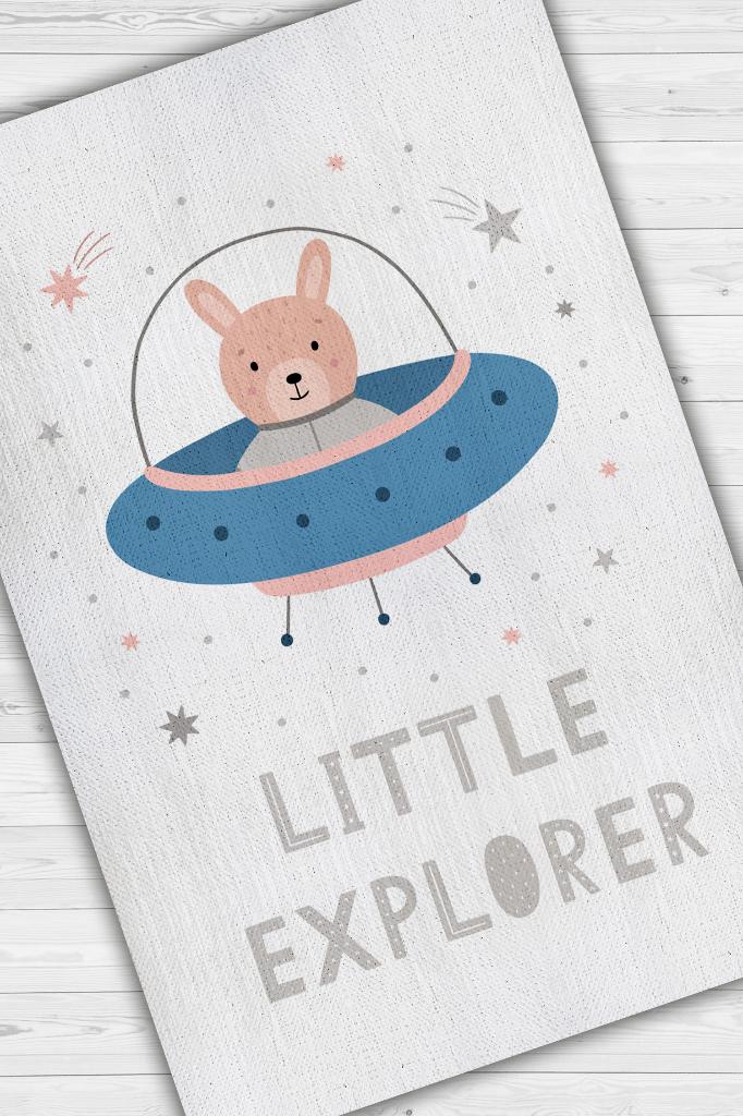 Minik Kaşif Beyaz Renkli Çocuk Odası Halısı Minimal Çocuk Halısı Bebek Temalı Halı