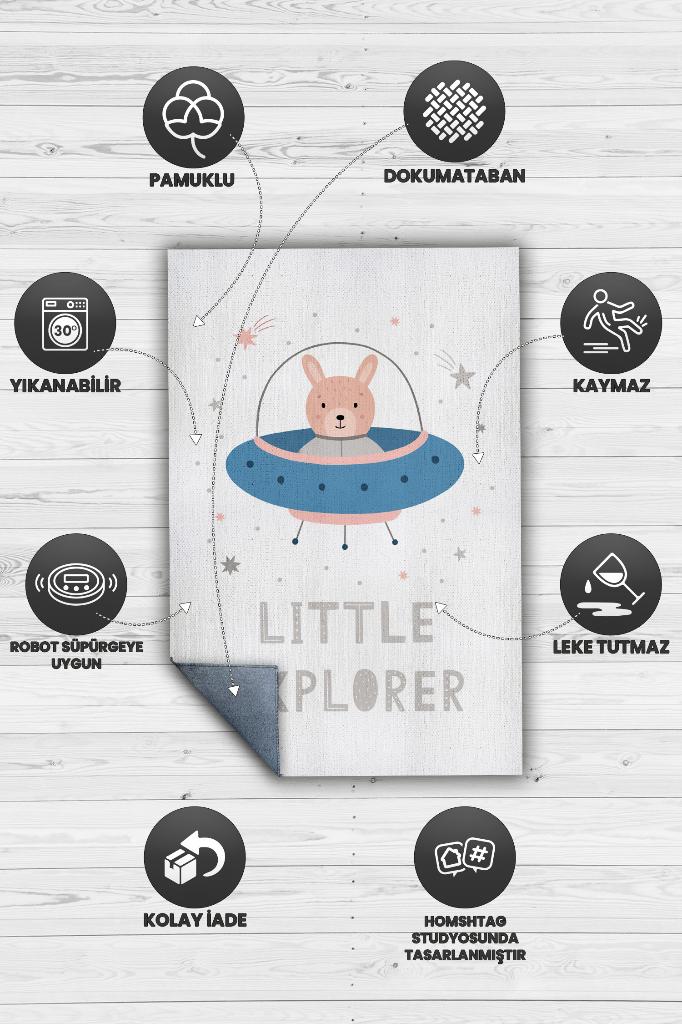 Minik Kaşif Beyaz Renkli Çocuk Odası Halısı Minimal Çocuk Halısı Bebek Temalı Halı