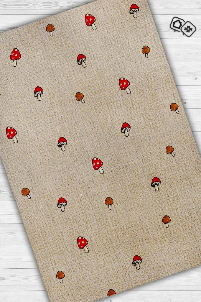 Minimalist Mantarlar Bej Renkli Mantarlı Mutfak Halısı Mantar Baskılı Özel Tasarım Halı