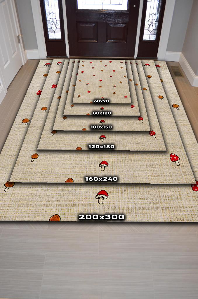 Minimalist Mantarlar Bej Renkli Mantarlı Mutfak Halısı Mantar Baskılı Özel Tasarım Halı