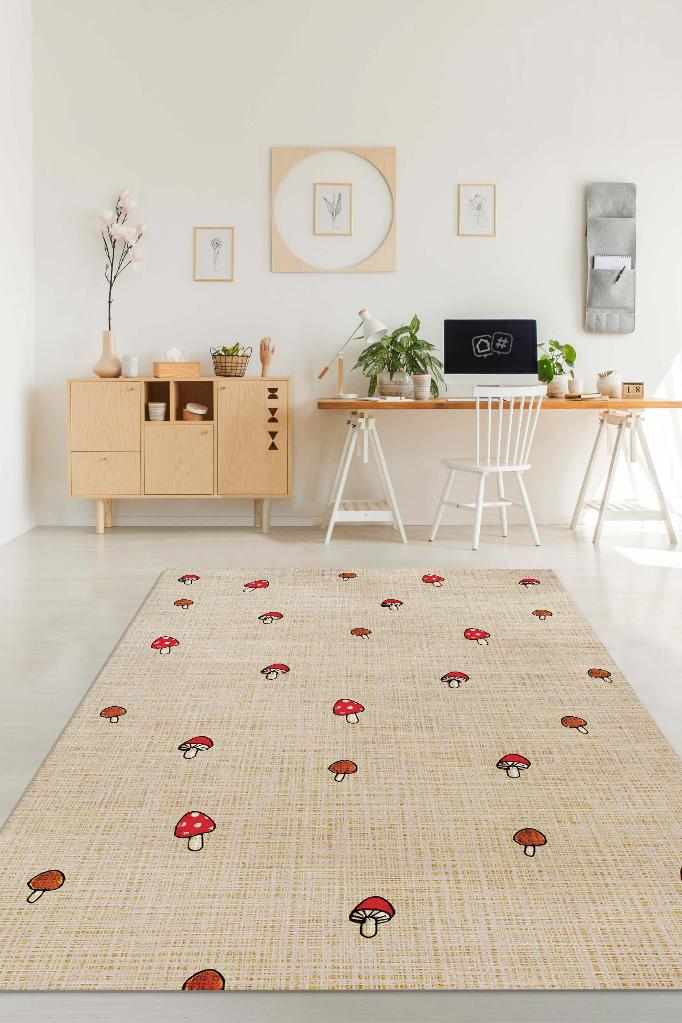 Minimalist Mantarlar Bej Renkli Mantarlı Mutfak Halısı Mantar Baskılı Özel Tasarım Halı