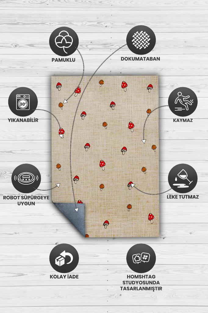 Minimalist Mantarlar Bej Renkli Mantarlı Mutfak Halısı Mantar Baskılı Özel Tasarım Halı