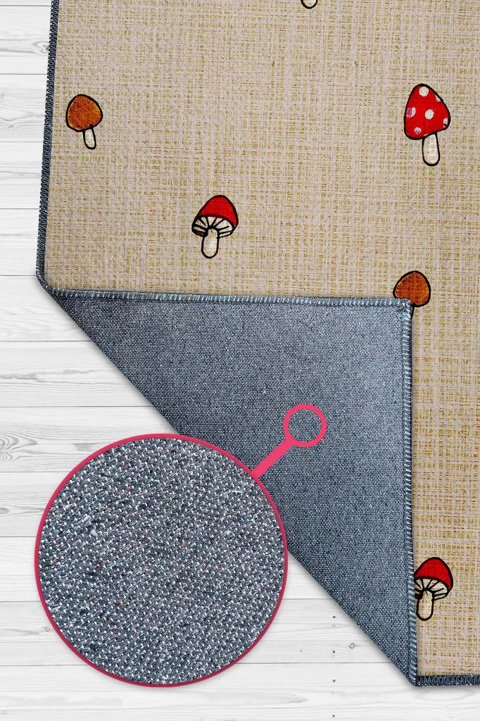 Minimalist Mantarlar Bej Renkli Mantarlı Mutfak Halısı Mantar Baskılı Özel Tasarım Halı