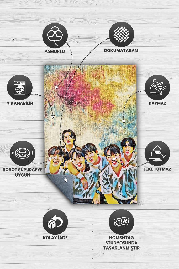 Monsta X Çok Renkli Genç Kız Odası Halısı Modern Dokuma Halı Kpop Sever Müzik Halısı