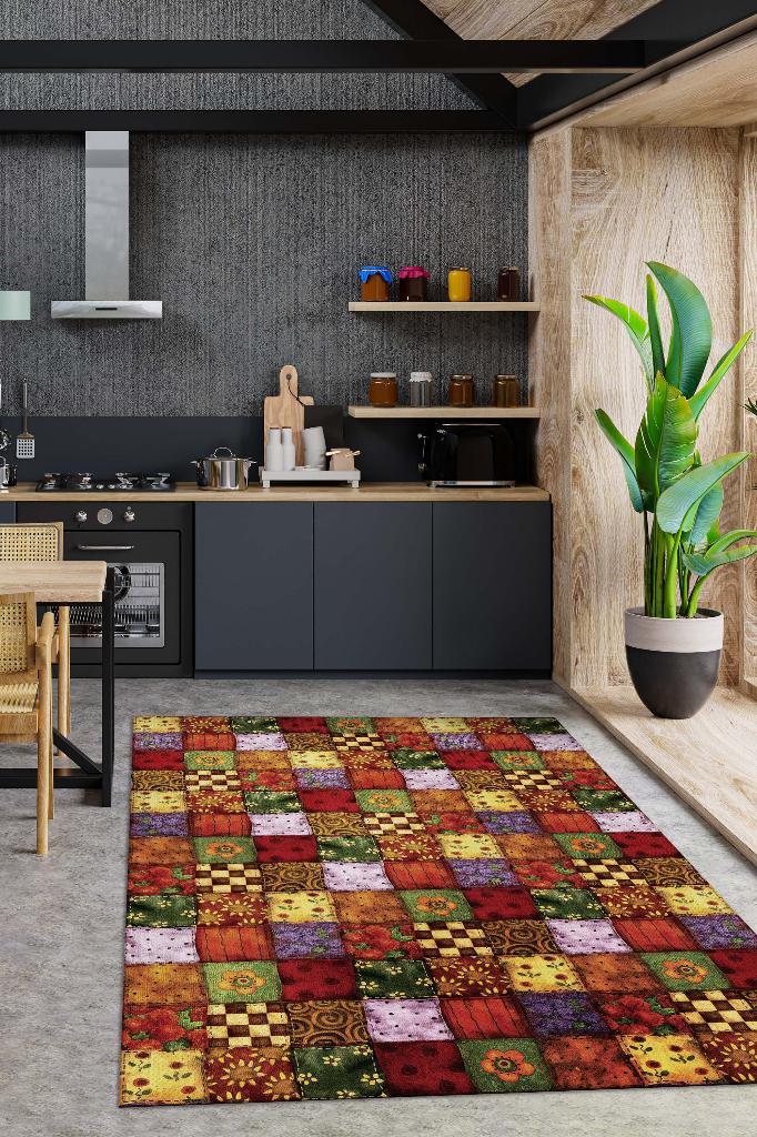 Mutfaktaki Bahar Çiçekli Mutfak Halısı Çok Renkli Dekoratif Halı Patchwork Mutfak Halısı