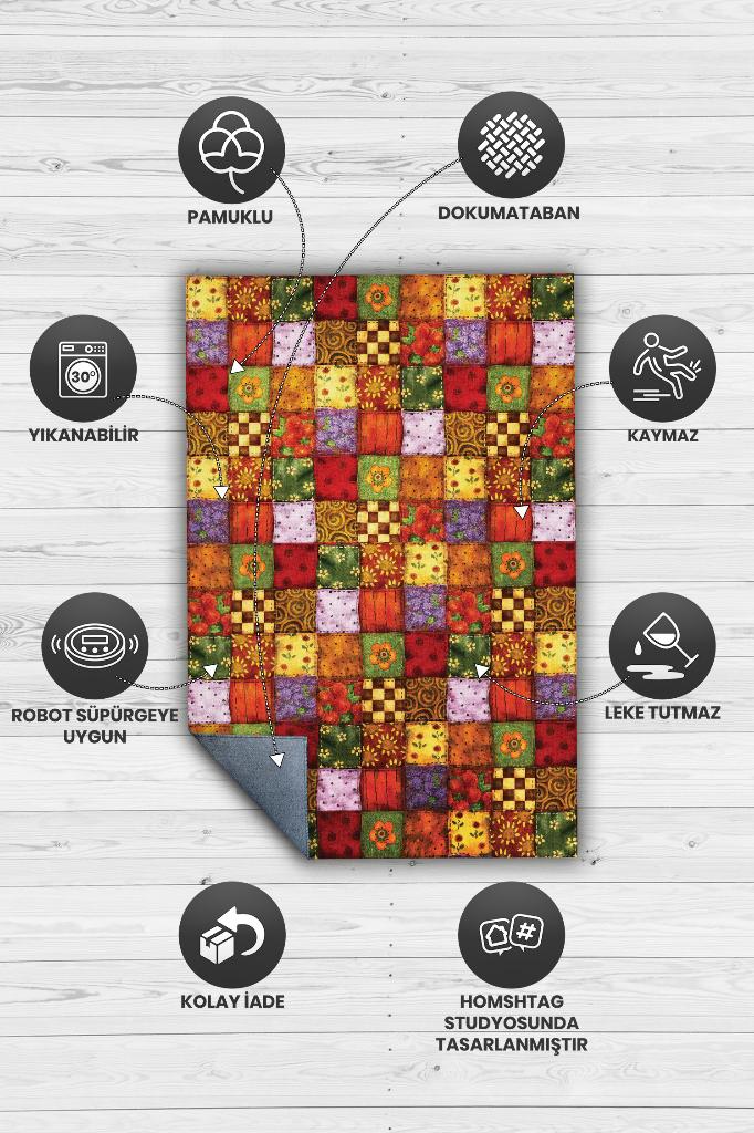 Mutfaktaki Bahar Çiçekli Mutfak Halısı Çok Renkli Dekoratif Halı Patchwork Mutfak Halısı