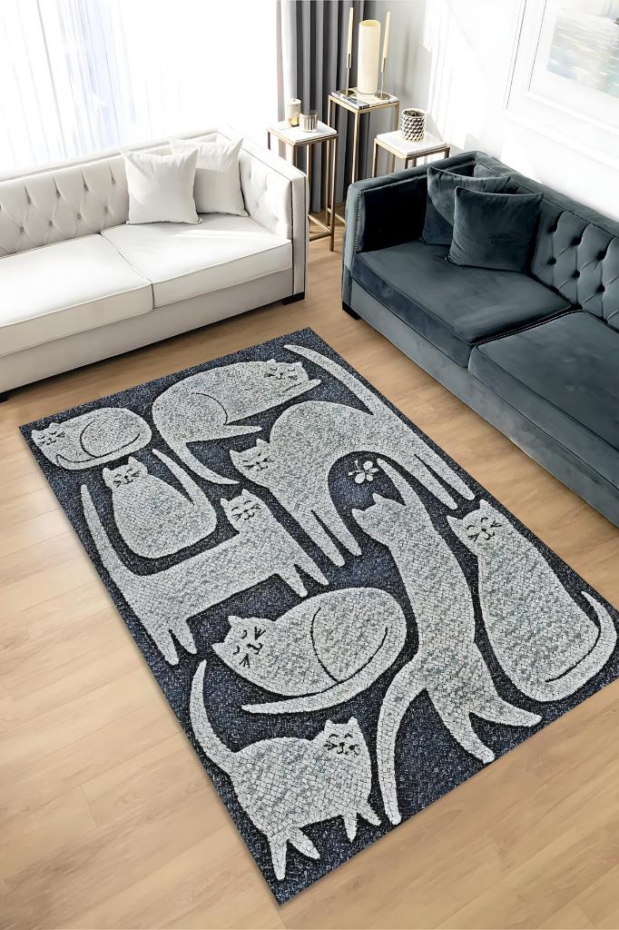 Mutlu Kediler Gri Renkli Kedi Sever Halısı Minimal Tarzlı Genç Odası Halısı Modern Halı
