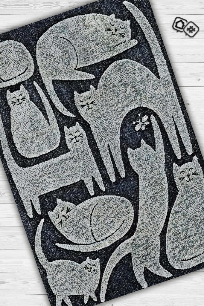 Mutlu Kediler Gri Renkli Kedi Sever Halısı Minimal Tarzlı Genç Odası Halısı Modern Halı