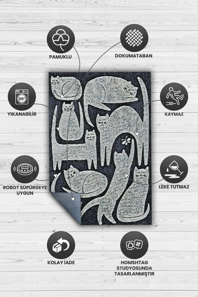 Mutlu Kediler Gri Renkli Kedi Sever Halısı Minimal Tarzlı Genç Odası Halısı Modern Halı