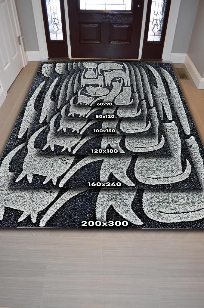 Mutlu Kediler Gri Renkli Kedi Sever Halısı Minimal Tarzlı Genç Odası Halısı Modern Halı