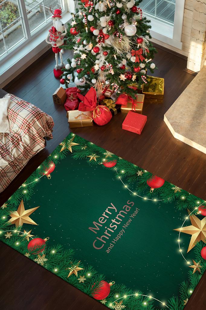 Mutlu Noeller Yeşil Renkli Yeni Yıl Parti Halısı Çok Renkli Yılbaşı Temalı Hediyelik Halı