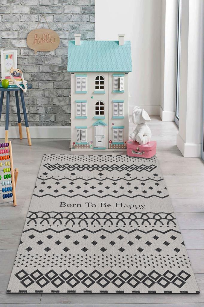 Mutlu Olmak İçin Doğdu Gri Renkli Çocuk Odası Halısı Minimal Çocuk Halıs Geometrik Halı