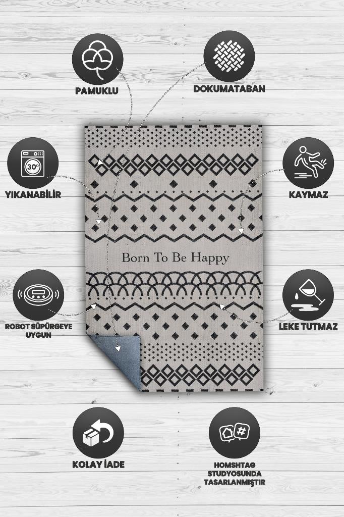 Mutlu Olmak İçin Doğdu Gri Renkli Çocuk Odası Halısı Minimal Çocuk Halıs Geometrik Halı