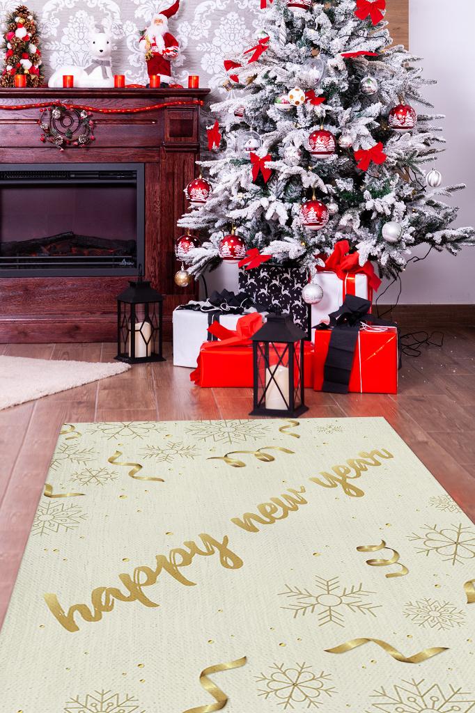 Mutlu Yıllar Yeni Yıl Temalı Halı Krem Renkli Yeni Yıl Parti Halısı Yılbaşı Hediyelik Halı