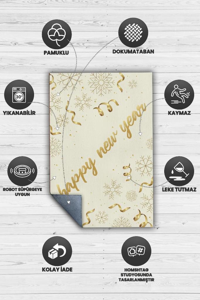 Mutlu Yıllar Yeni Yıl Temalı Halı Krem Renkli Yeni Yıl Parti Halısı Yılbaşı Hediyelik Halı