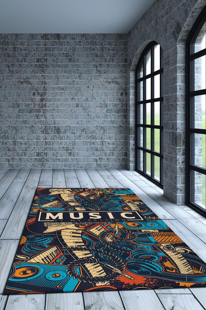 Müzik Tutkum Art Müzik Halısı Rock Müzik Halısı Elektro Gitar Figürlü Renkli Modern Halı